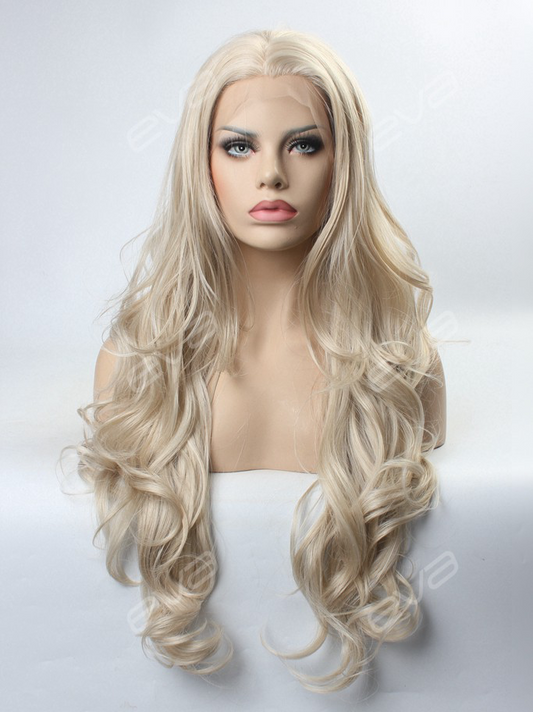 Vintage Grayish Blonde Long Wavy Synthetic Lace Front Wig