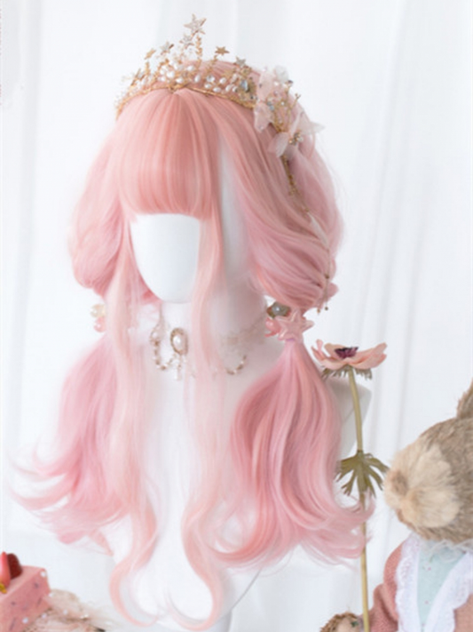 2021 New Style Cherry Blossom Pink Long Wavy Synthetic Wig With Bangs