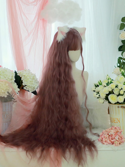 2021 New Style Fuchsia Purple Super Long Wavy Synthetic Wig With Bangs