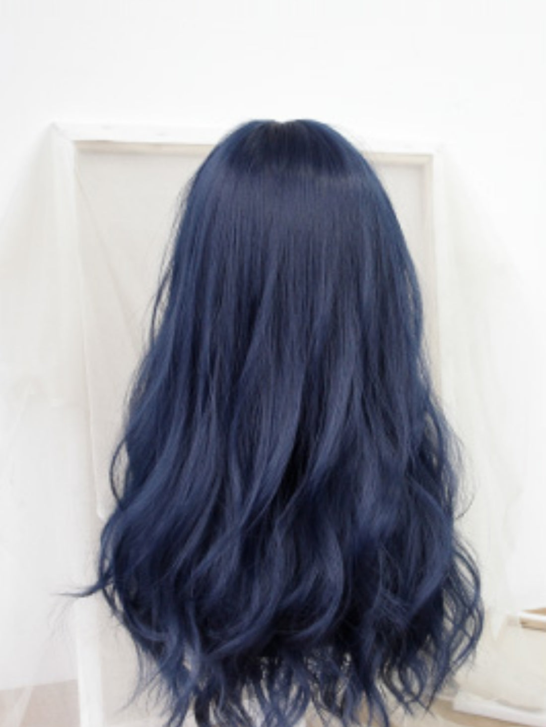 2022 New Style Dark Blue Long Wavy Synthetic Wig with Bangs