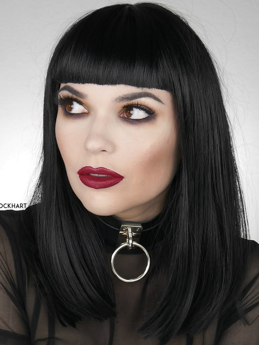 Cute Black Shoulder Length Bob with Full Bangs Synthetic Wigs