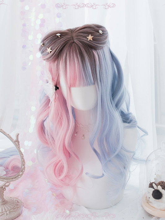 2021 Lolita Half Blue And Half Pink Medium Wavy Synthetic Wig With Bangs