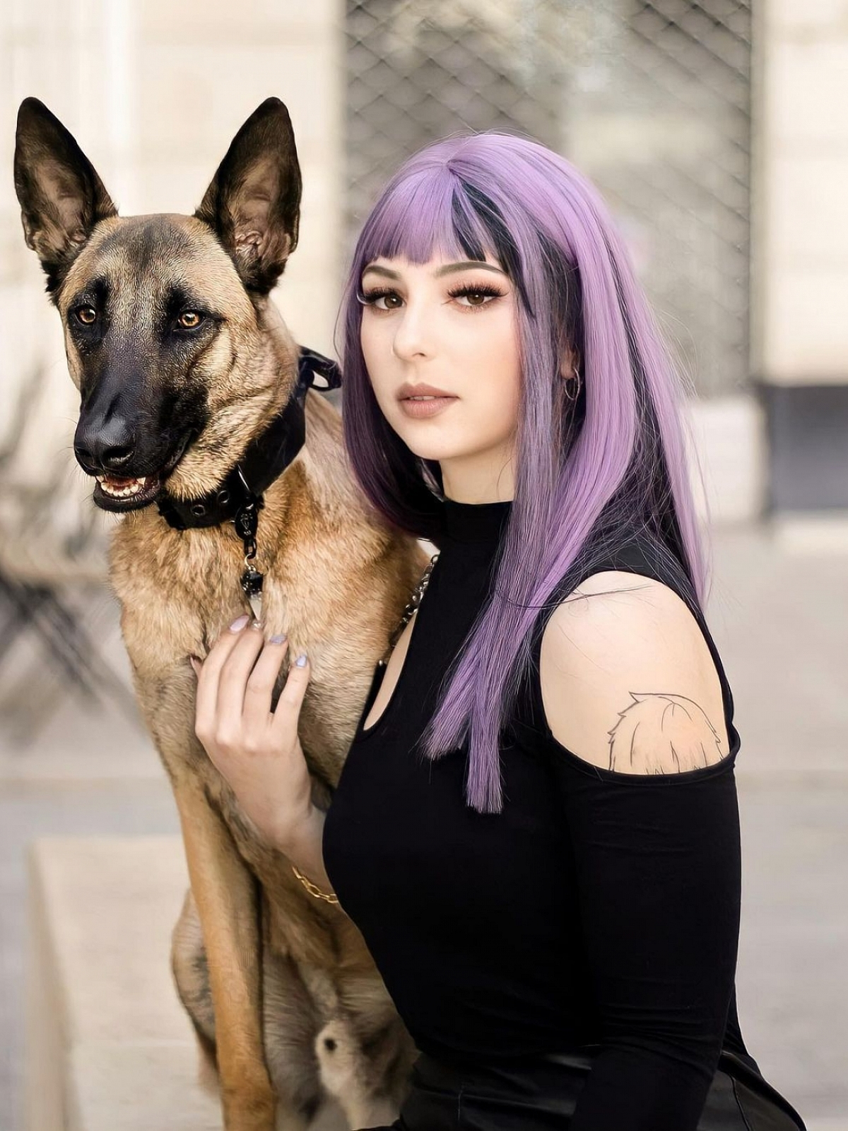 2022 A Style Black And Purple Mixed Color Medium Straight Synthetic Wig With Bangs