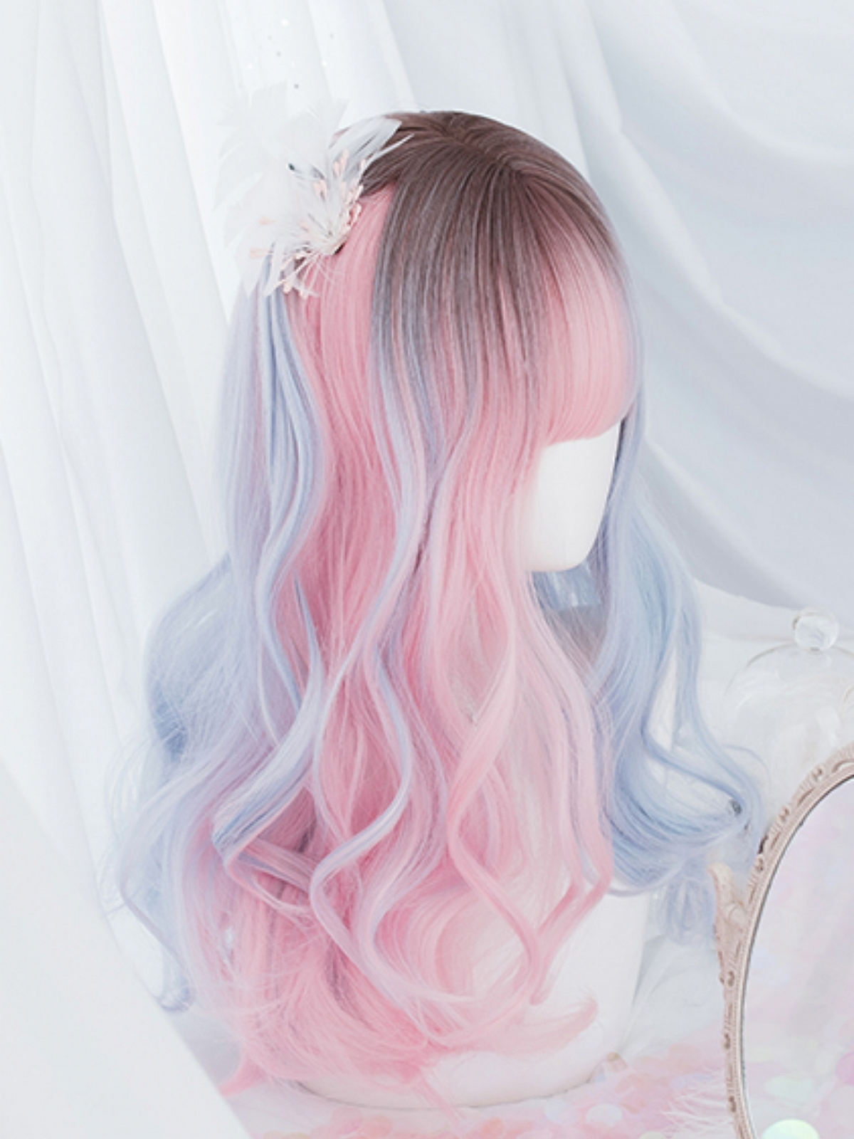 2021 Lolita Half Blue And Half Pink Medium Wavy Synthetic Wig With Bangs