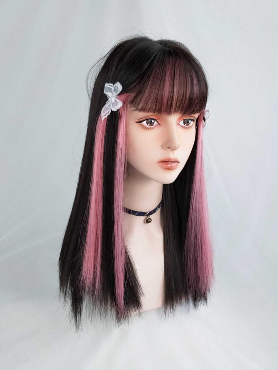 BLACK AND PINK MIXED COLOR LONG STRAIGHT SYNTHETIC WIG WITH BANGS