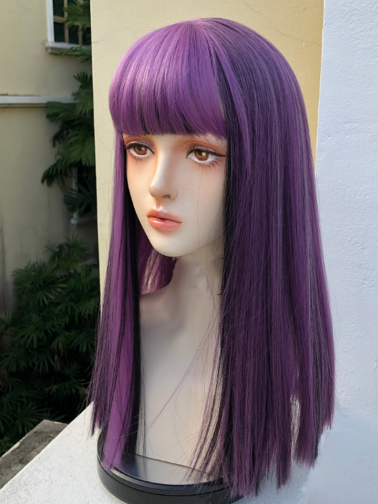 2022 A Style Black And Purple Mixed Color Medium Straight Synthetic Wig With Bangs