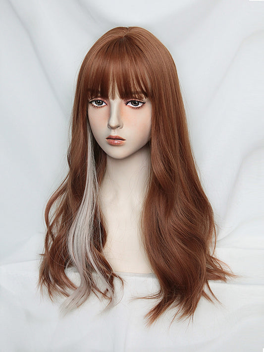 2022 New Style Tangerine Brown and Side Grey Long Wavy Synthetic Wig with Bangs