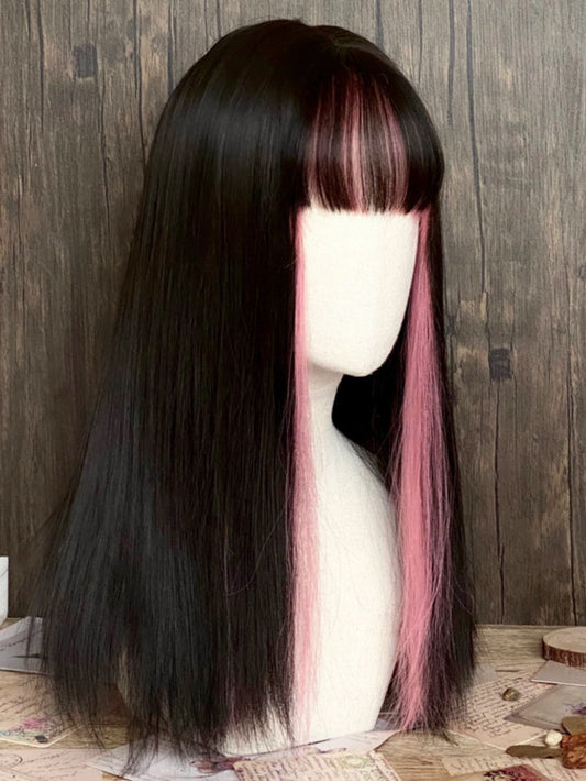 BLACK AND PINK MIXED COLOR LONG STRAIGHT SYNTHETIC WIG WITH BANGS