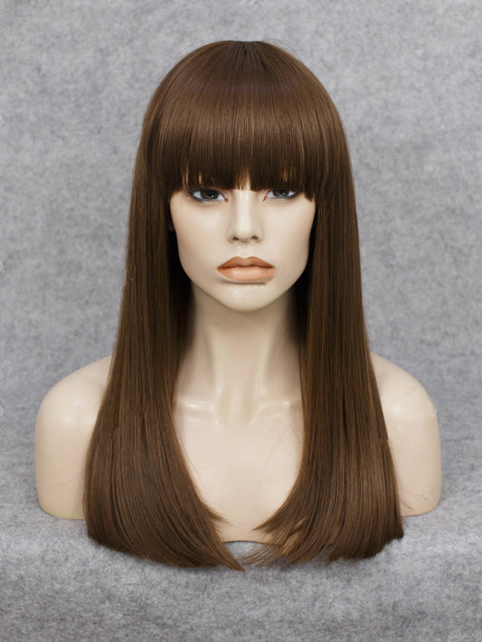 Beautiful Wefted Cap Dark Brown Long Straight Synthetic Wig with Bangs