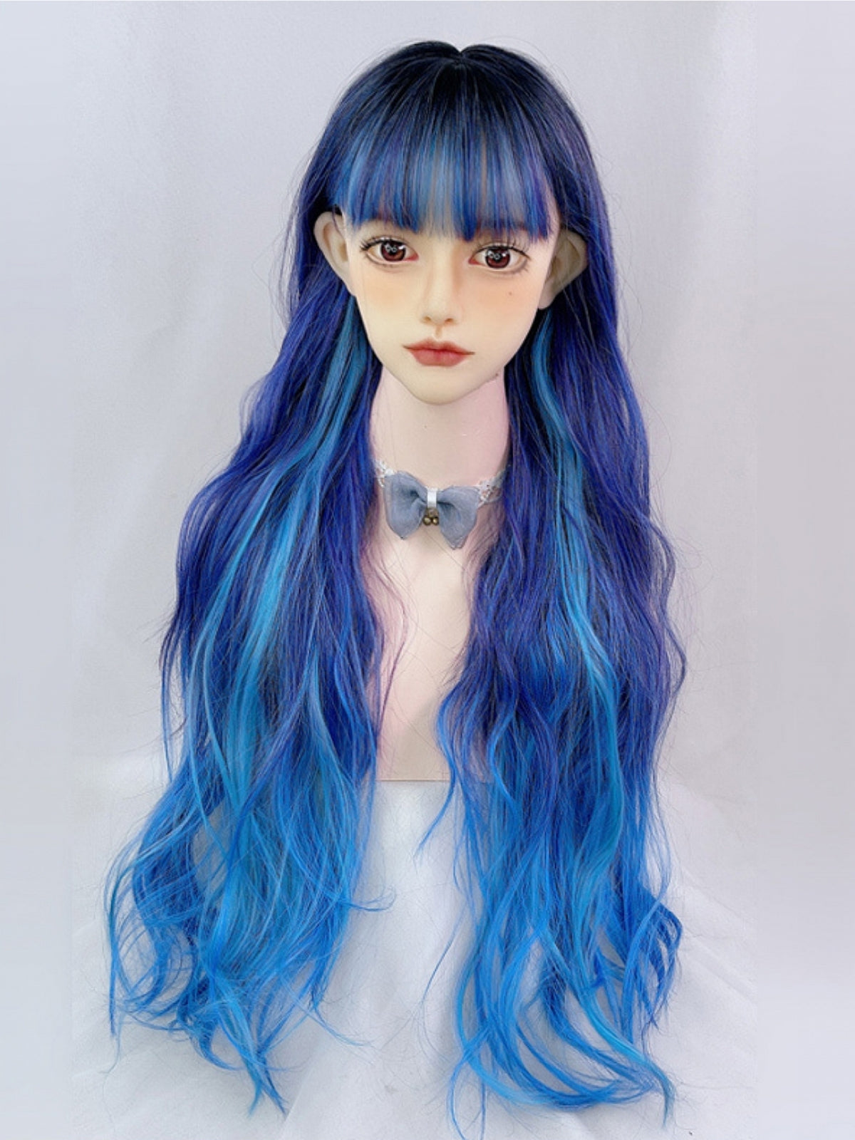 2022 Special Offer Limited Blue and Purple Mixed Color Long Wavy Synthetic Wig with Bangs