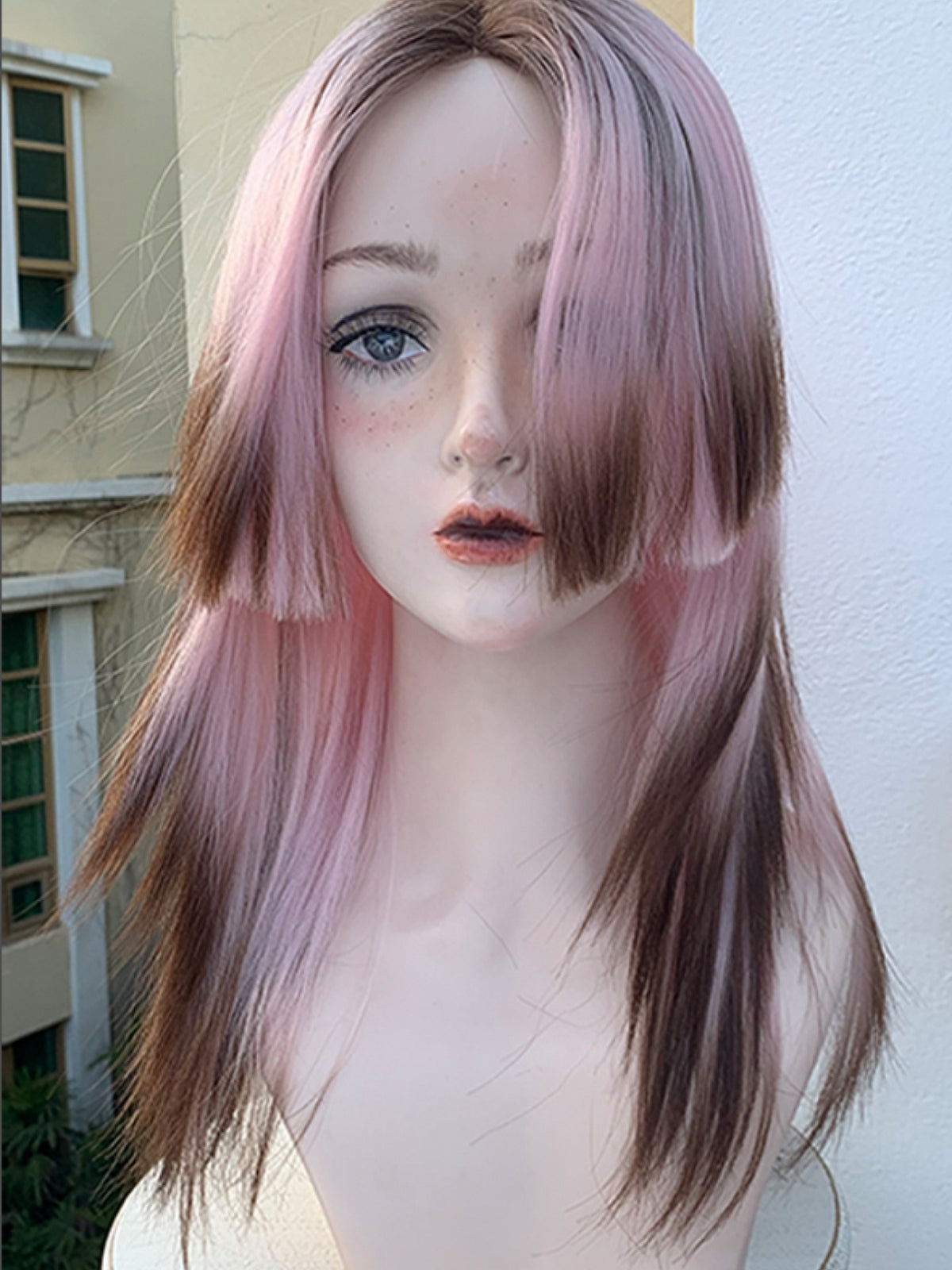 New Style Pink And Brown Mixed Color T-Part Long Straight Synthetic Lace Wig With Hime Cut