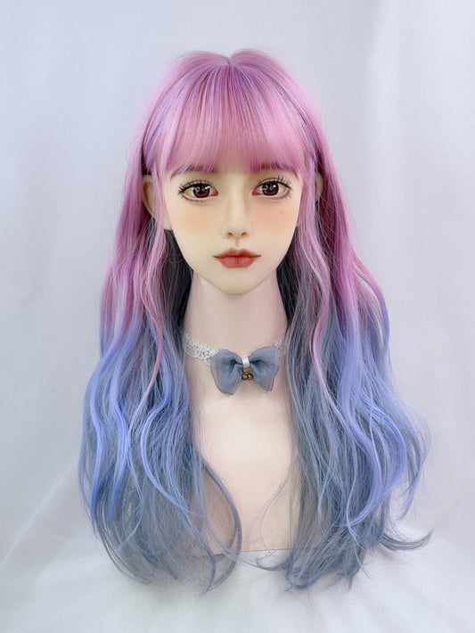 2022 New Style Purple to Blue Ombre Long Wavy Synthetic Wig with Bangs